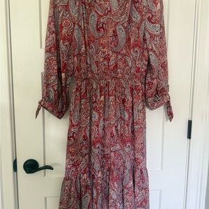 Talbots Red and Gray Paisley Long Sleeve Dress